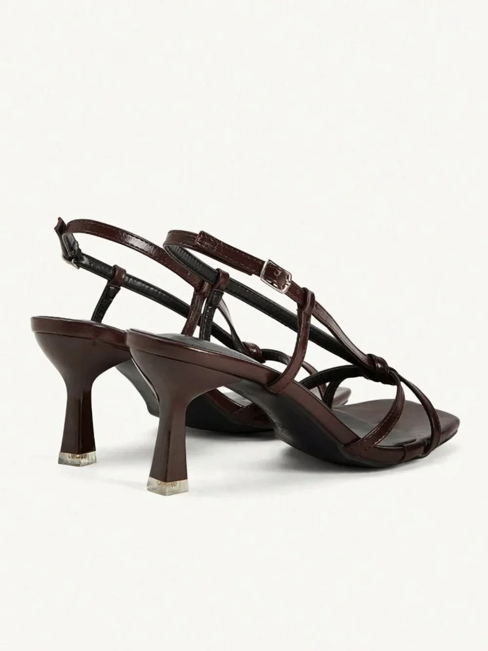 Brown Casual Women's Strap Open-Toed Square-Toe Stiletto Faux Leather Heels